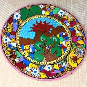 Beautiful Vintage Mexican Folk Art Storyteller Plate w Hanger 10" X 10"